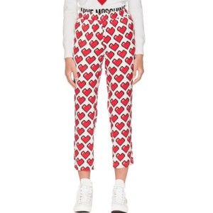 NWT Love Moschino Women Pixel Hearts Lounge Crop Pants White Red Sz 6 High Rise